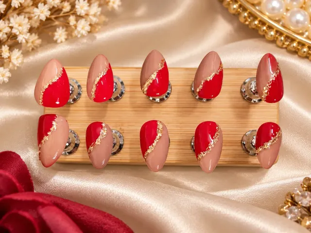 Red & Nude Dual-Tone Press-On Nails with Golden Glitter Accent – Designer False Nail Set