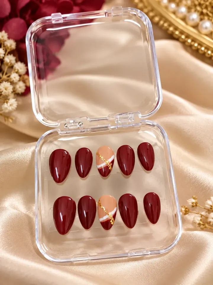 Wine & Gold Elegance Nails
