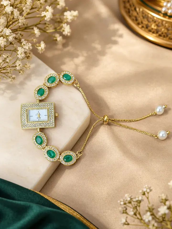 Emerald Green Stone Gold-Plated Designer Bracelet Watch