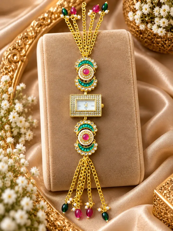 Gold-Tone Ruby & Emerald Traditional Bracelet Watch