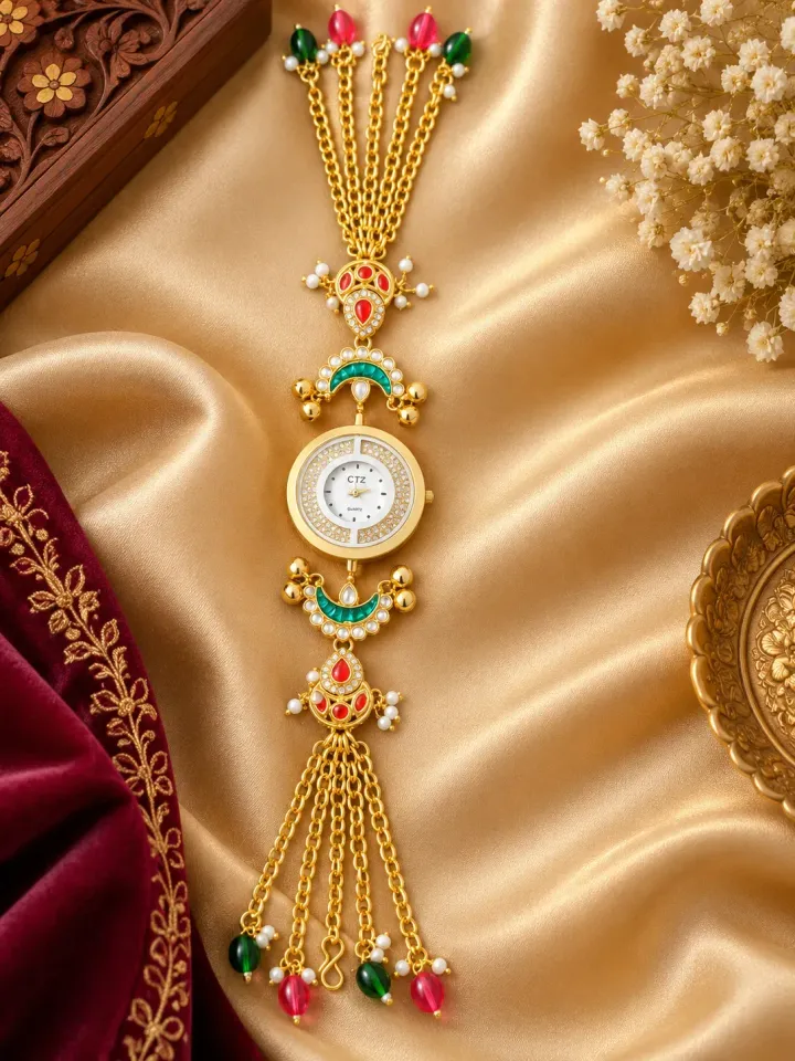 Royal Gold-Tone Traditional Kundan-Style Pearl & Red-Green Stone Tassel Bracelet Watch for Women