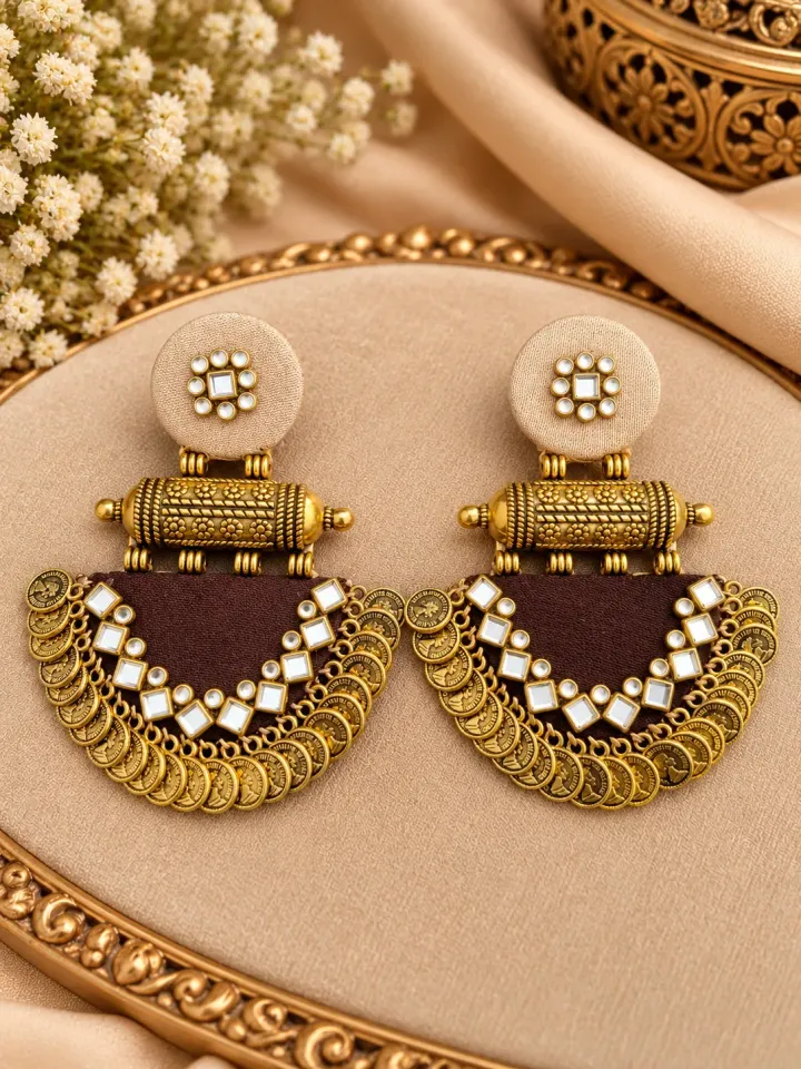Antique Gold Coin & Mirror Work Statement Earrings