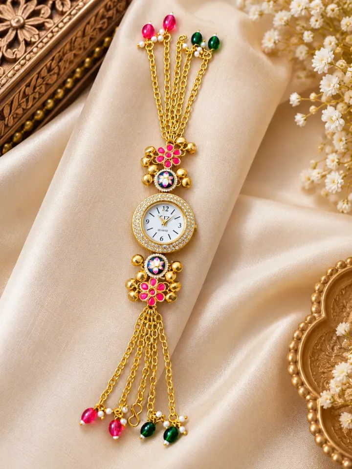 Traditional Floral Designer Bracelet Watch – Gold Tone Multicolor Beaded Chain Watch