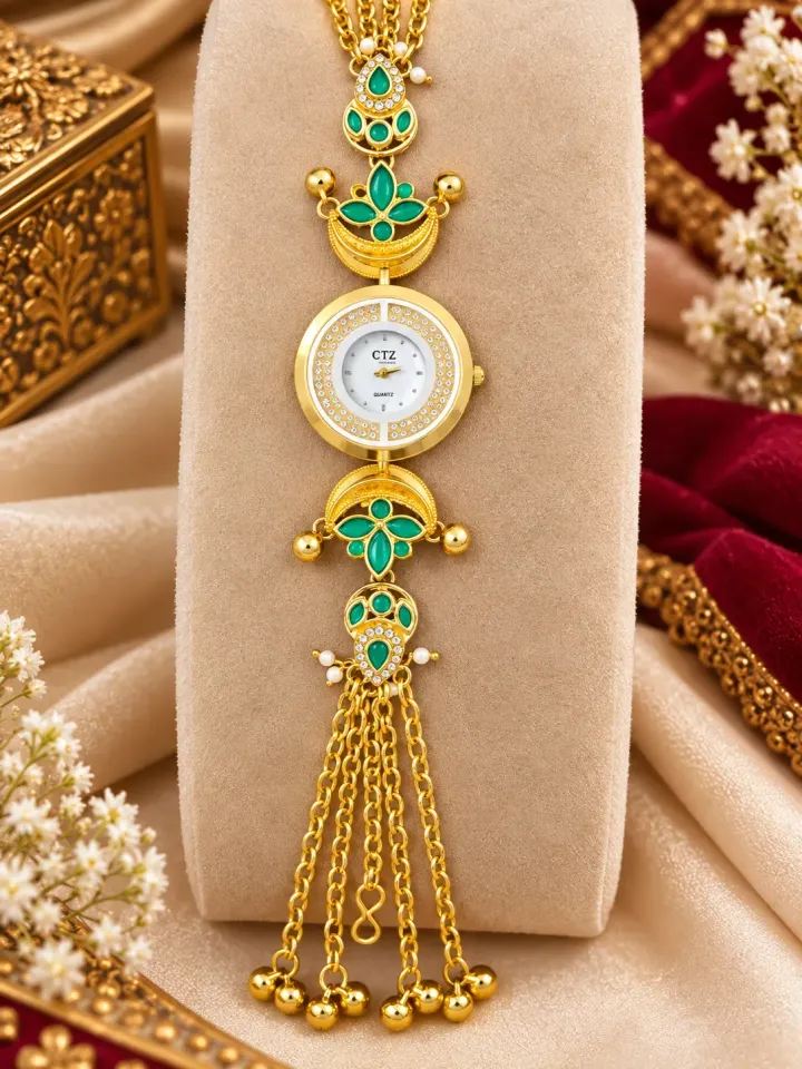 Gold-Tone Emerald Green Traditional Chain Watch