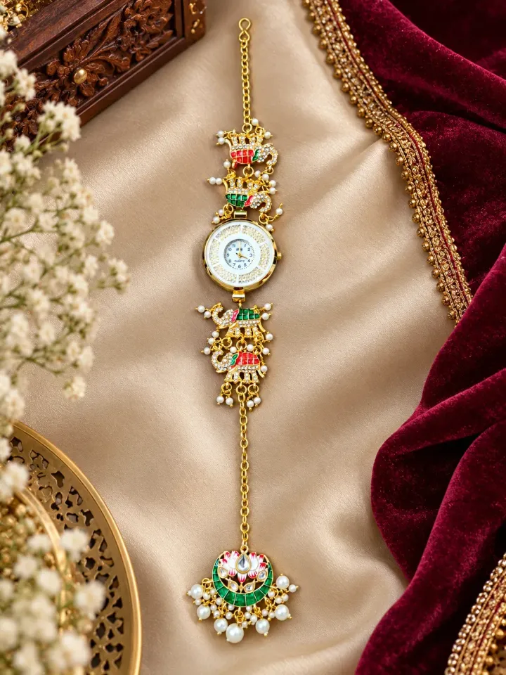 Designer Gold-Tone Elephant Charm Traditional Bracelet Watch with Hanging Fancy Chand Latkan