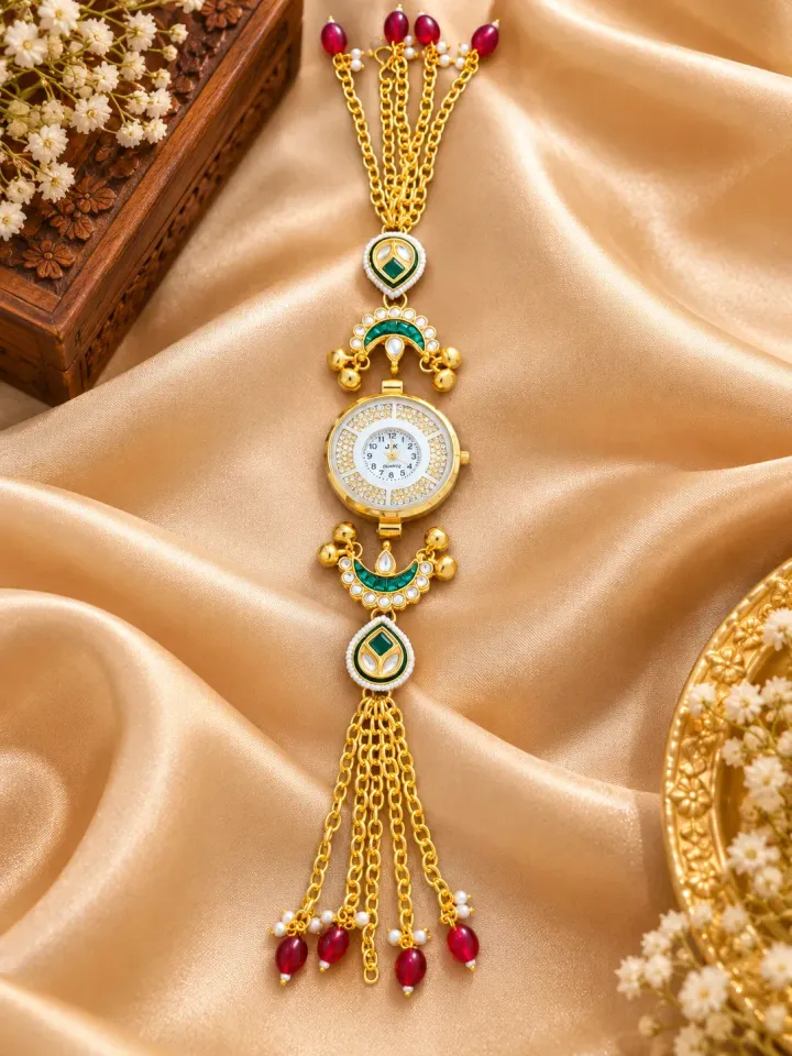 Designer Kundan Gold-Tone Red Beaded Traditional Chain Watch