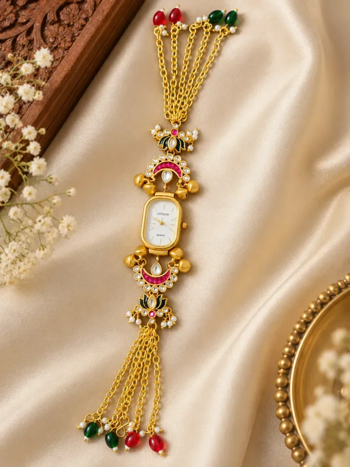 Gold-Tone Traditional Lotus Bracelet Watch with Pearl & Stone Detailing