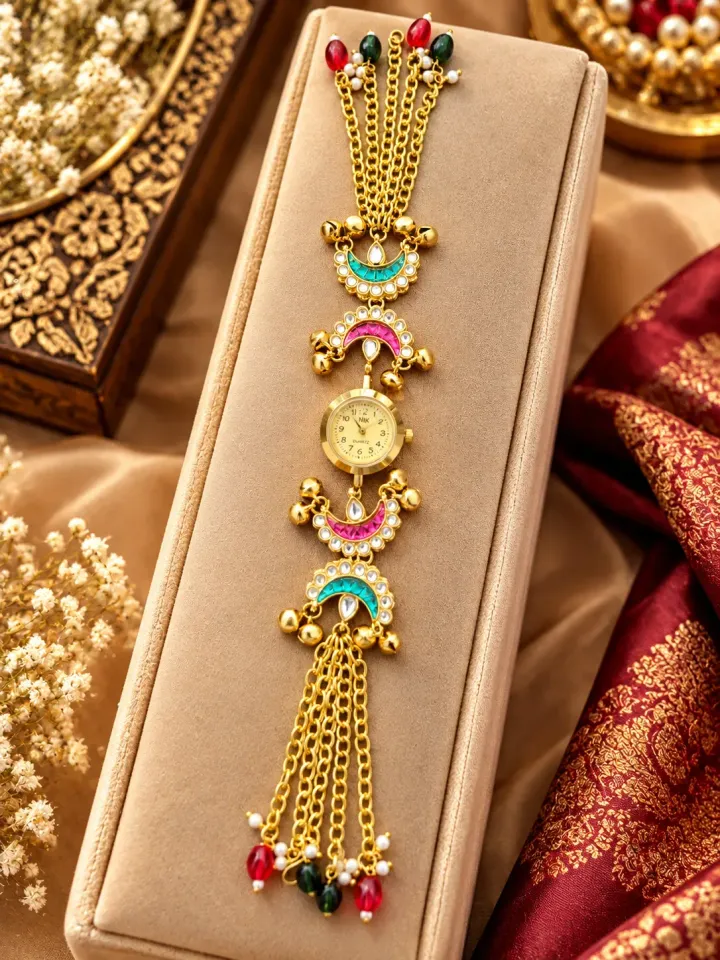 Designer Multicolor Traditional Gold Bracelet Watch with Pearl & Tassel Detailing