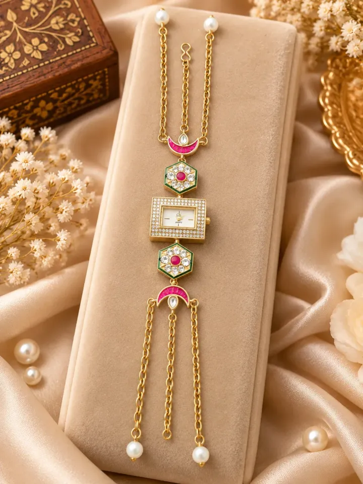 Elegant Gold-Tone Traditional Kundan-Style Pearl & Pink-Green Gemstone Chain Bracelet Watch for Women