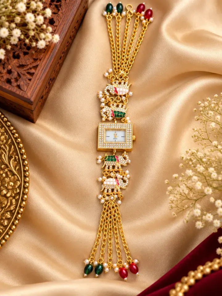 Royal white green Elephant Motif Gold-Tone Designer Bracelet Watch