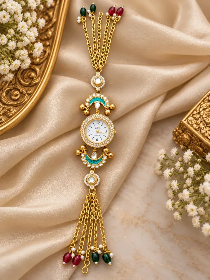 Royal Gold-Tone Traditional Kundan-Style Charm Bracelet Watch
