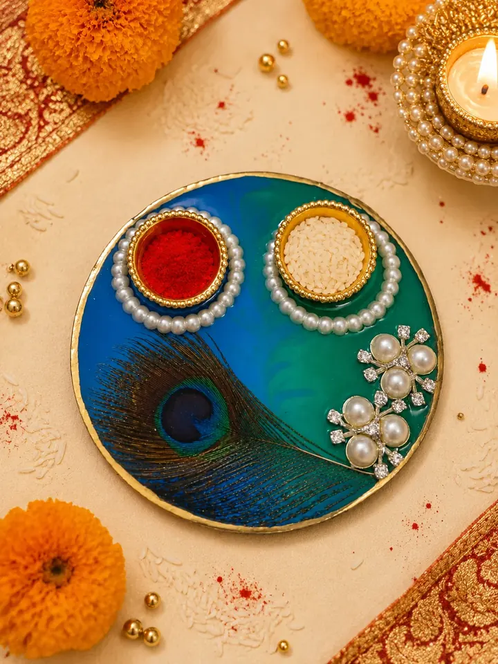 Peacock Feather Pearl Pooja Thali