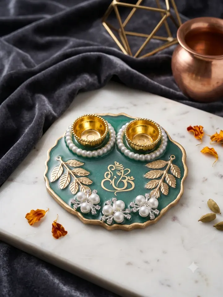 Royal Pearl & Golden Leaf Pooja Thali — Three Flowers