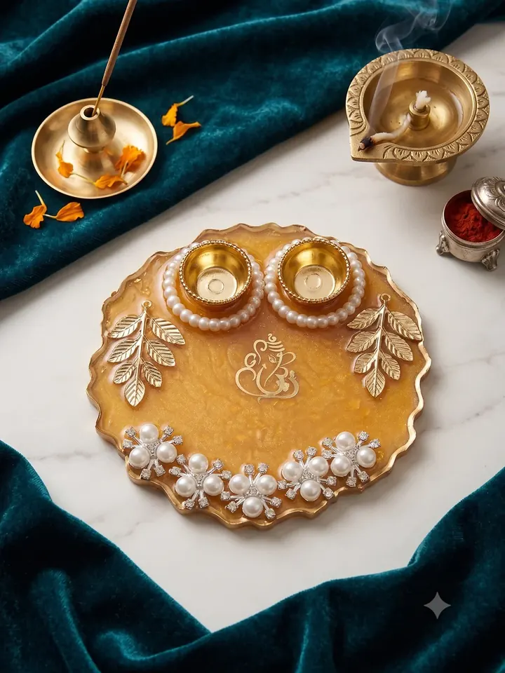 Royal Pearl & Golden Leaf Pooja Thali — Five Flowers